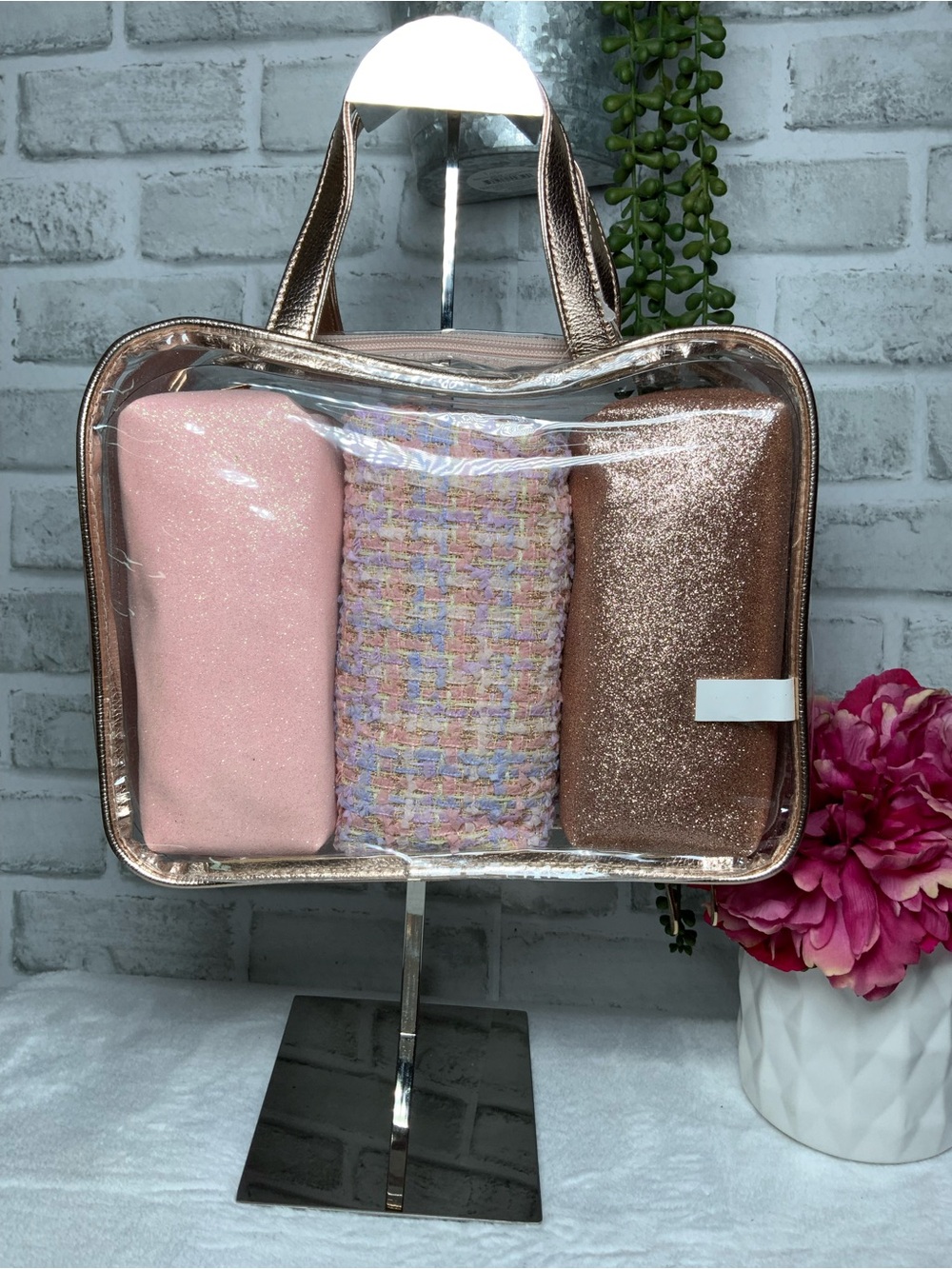 Clear Travel Tote with Rose Gold Trim and Pink Pouches - Picture 2 of 3